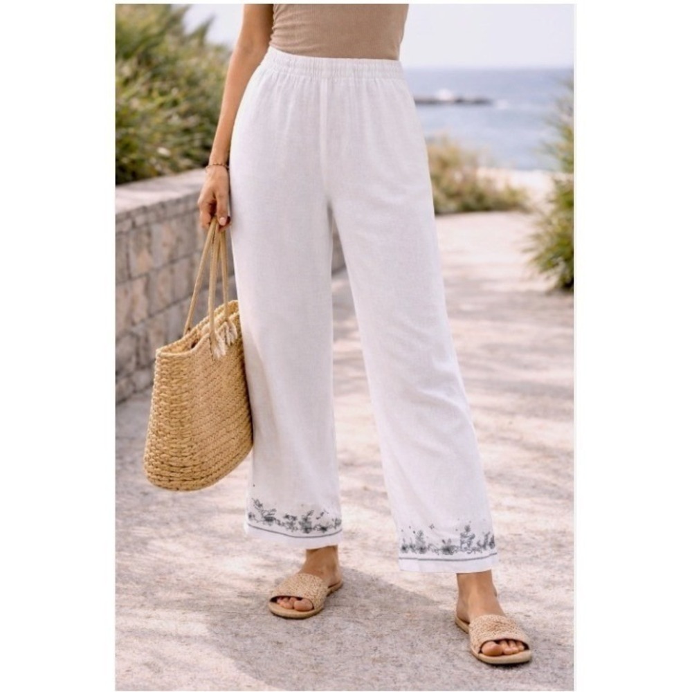 Norton McNaughton Linen Capri Pants Womens L White Floral Embroidered Breathable